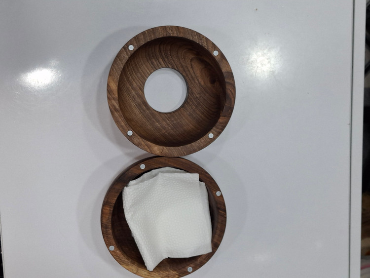 جادستمال کاغذی چوبی طرح گرد | جعبه دستمال رومیزی دکوراتیو با چوب گردو