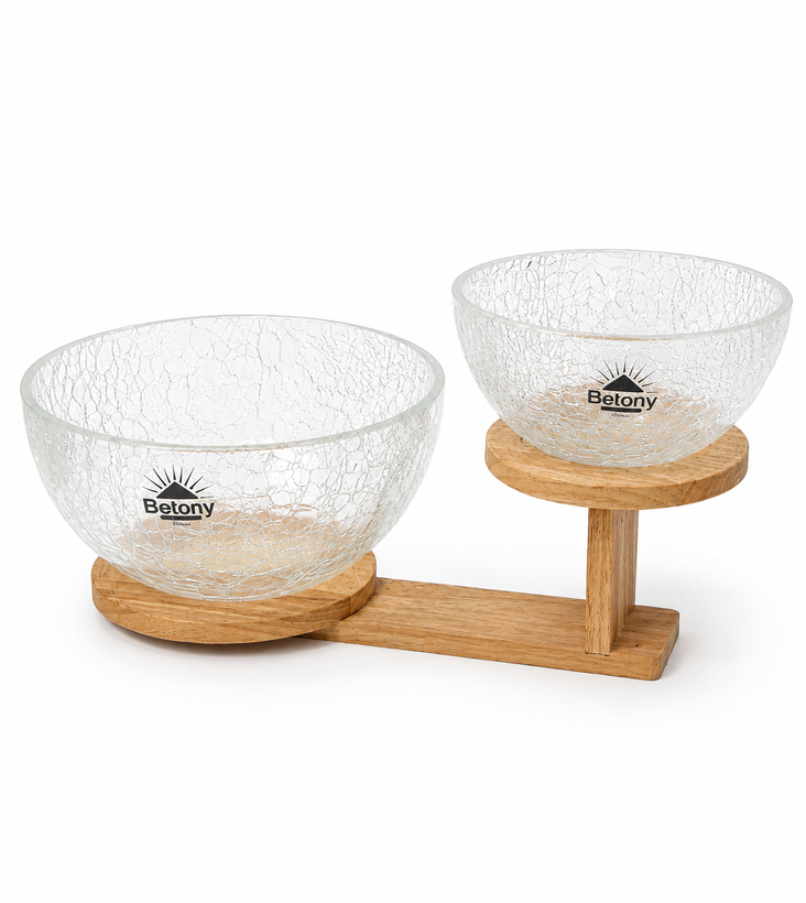 اردو خوری ۲ خانه شیشه آبگز بتونی با پایه چوبی | ظرف سرو دو قسمتی Betony
