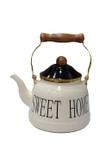 کتری لعابی طرح Sweet Home مدل دسته چوبی کرم و مشکی