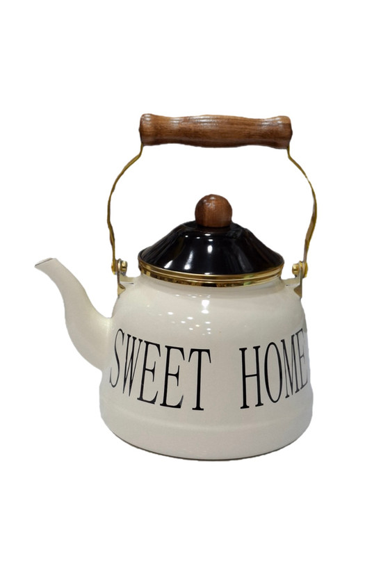 کتری لعابی طرح Sweet Home مدل دسته چوبی کرم و مشکی