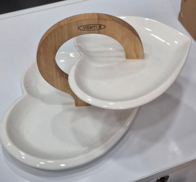 شیرینی خوری دو طبقه سرامیکی با دسته چوبی | مدل VENTO