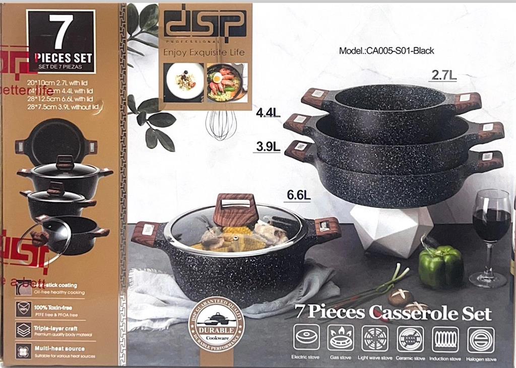سرویس قابلمه ۷ پارچه دی اس پی مدل CA005-S01 گرانیتی نچسب با درب پیرکس و دسته طرح چوب  مشخصات
