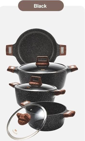 سرویس قابلمه ۷ پارچه دی اس پی مدل CA005-S01 گرانیتی نچسب با درب پیرکس و دسته طرح چوب مشخصات