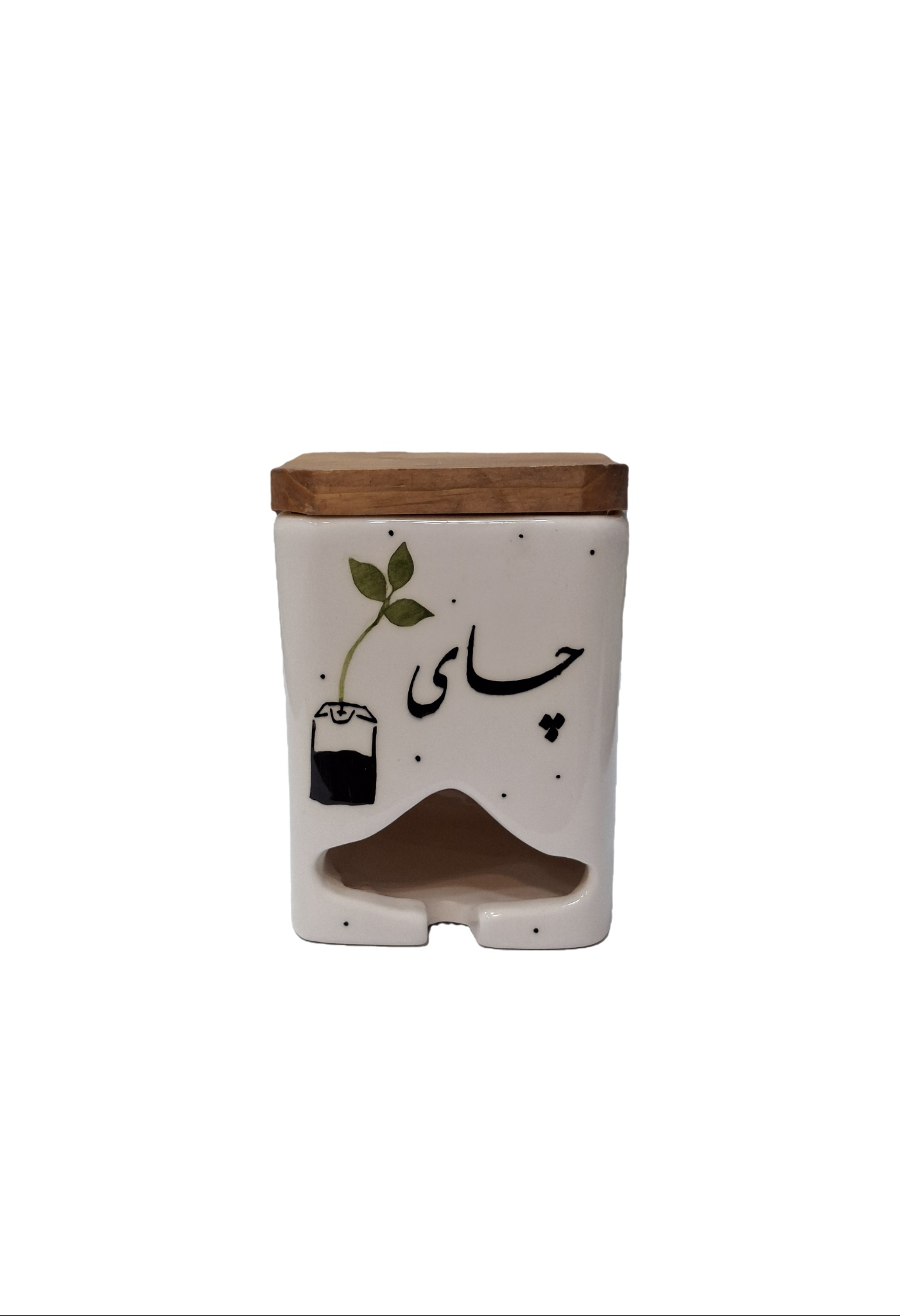 جای تی‌بگ چای سرامیکی با درب چوبی و محفظه برداشت