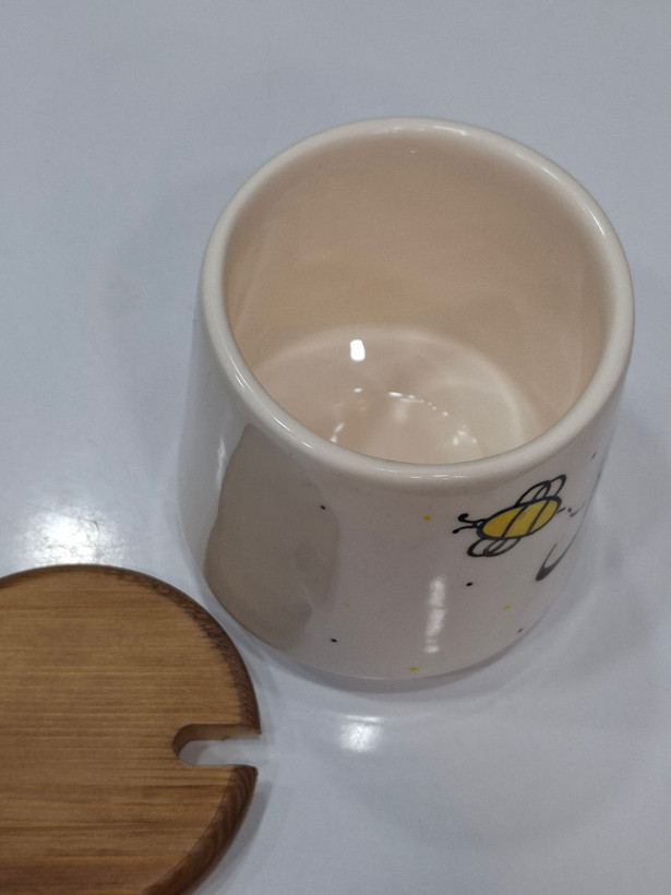 عسلی خوری سرامیکی با درب چوبی و جای قاشق