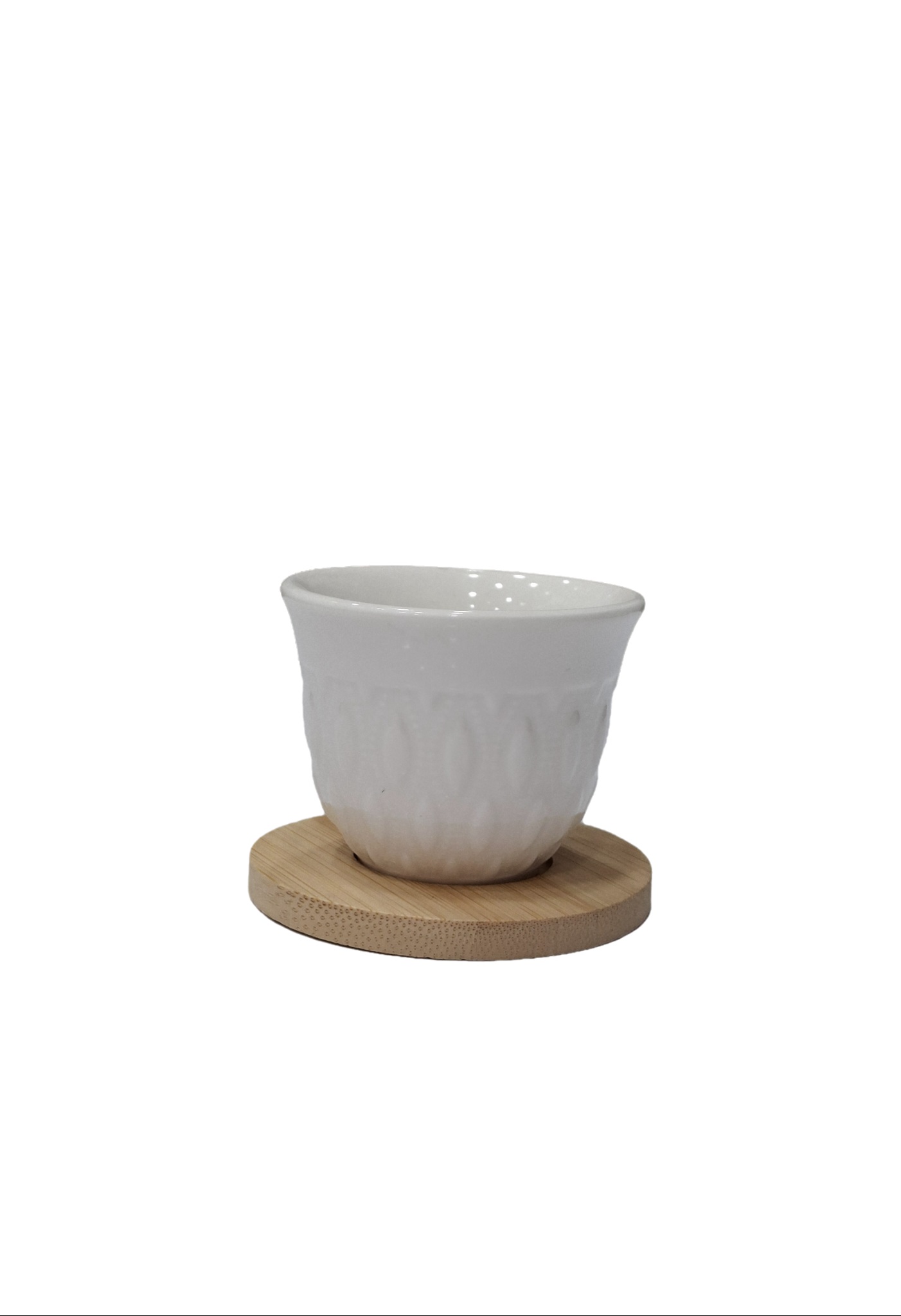 کاپ قهوه‌خوری چینی بدون دسته با زیره چوب بامبو