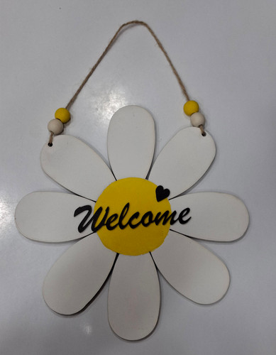 آویز چوبی دکوری طرح گل بابونه با نوشته Welcome