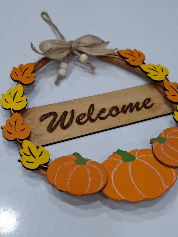 آویز چوبی دکوری پاییزی طرح کدو و برگ با نوشته Welcome